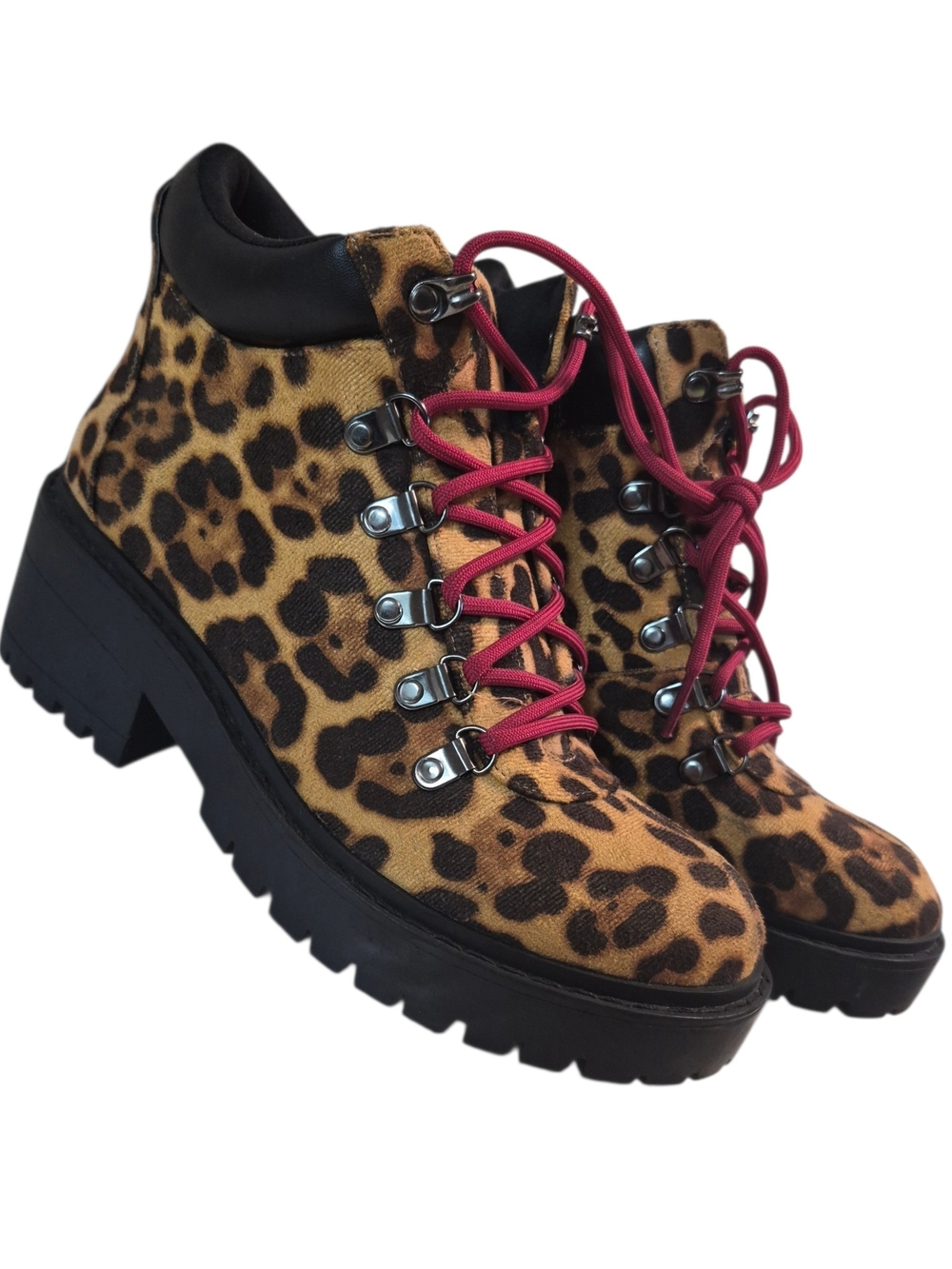 Leopard Print Lace-Up Platform Ankle Boots with Burgundy Laces